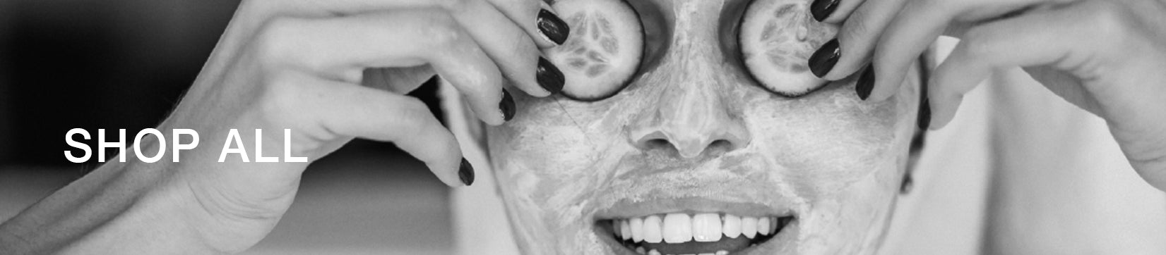 person putting cucumbers to cover her eyes white text shop all