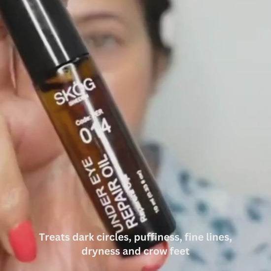 Video showcasing women showing Skog Under Eye Repair Oil applying the oil gently on her under eye and then massaging with her fingertips 